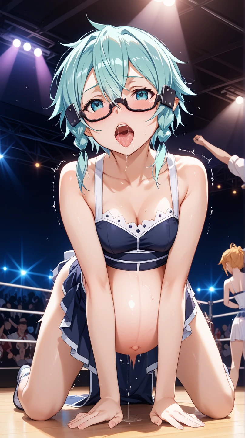 nsfw,(super fine illustration,8K CG wallpaper,best quality,extremely detailed,ultra high res,best aesthetic),(cowboy shot,from front),idolmaster, {{{haruna Kamijo}}}, (20yo, beautiful girl), (beautiful brown eyes),((((beautiful black hair)))), ((short hair)), (((bule rim glasses))), (wet hair), (wet skin), ((sweat)), ((steam)), (flat chests,midium breasts), (tall), (slender), (((bule cyber suit))), ((((see-through))),((open clothes)), ((pubic black hair:1.5)), ((((on the stage)))), ((((spread legs)))),((spread pussy:1.5)),(open mouths), (a big smile), ((stick out tongue)),(feel good), (one eye closed),((arms behind the back)),((((headset)))),(bukkake, cum on body:1.5),(bukkake, cum on face:1.1),((bukkake, cum on hair:1.2),(ecstacy),((((sex,cowgirl,pov)))),((cum shot)),{{crowd of mens onlookers}},