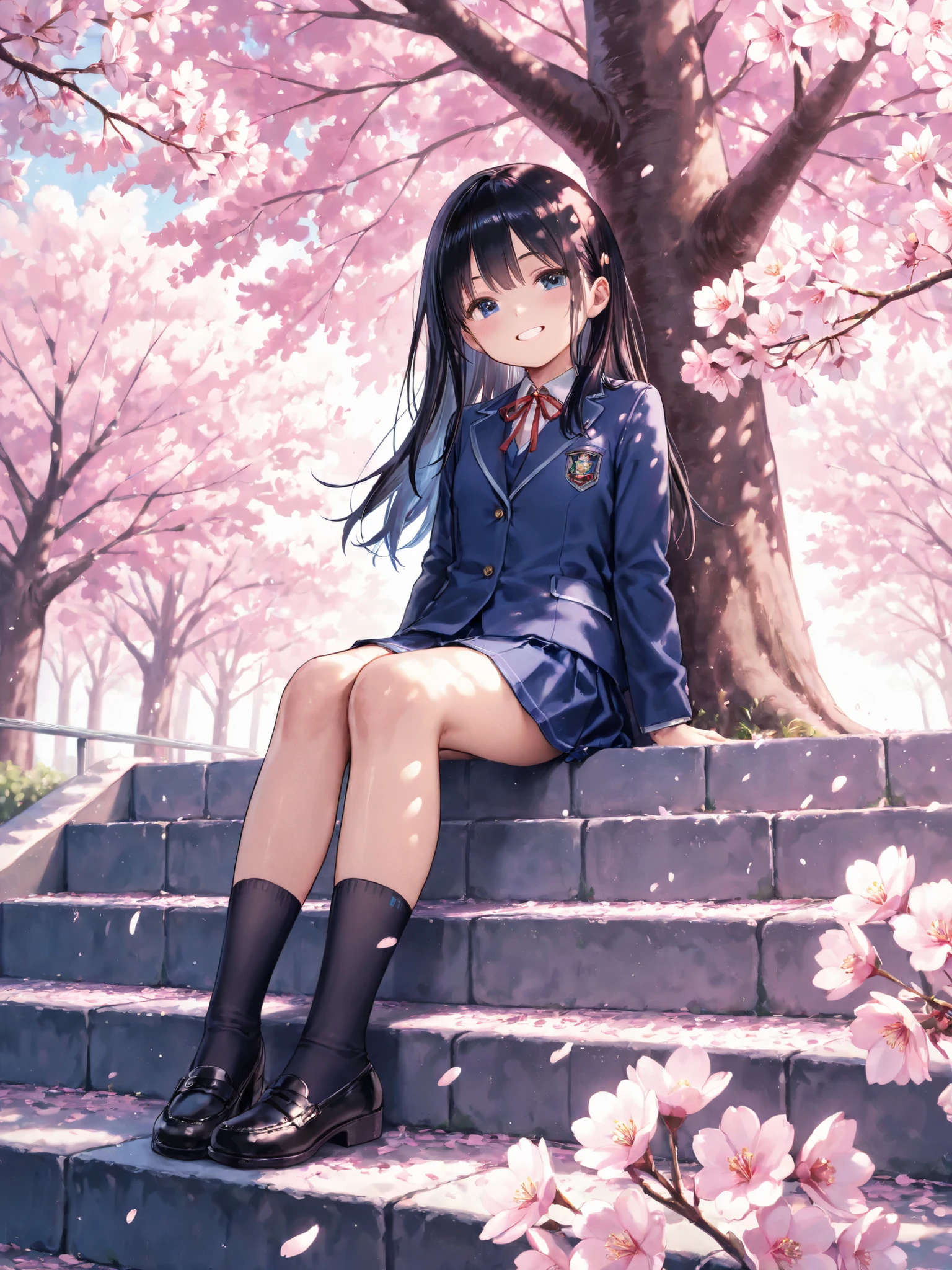 soft touch expression image quality、 soft contrast、Pretty Japanese high school girl、long black hair、Red ribbon on back hair、cute smile、Invincible Smile、Navy Blue and Green Blazer Uniform、white and blue stripe miniskirt、Black School Socks、Dark Brown Strappy Leather Shoes、May Clear Skies、the person is small、Slope Small Residential Area、Cherry blossom trees、Fluttering Cherry Blossom Petals、Spring scene、Stairway Path、portrait photography、
