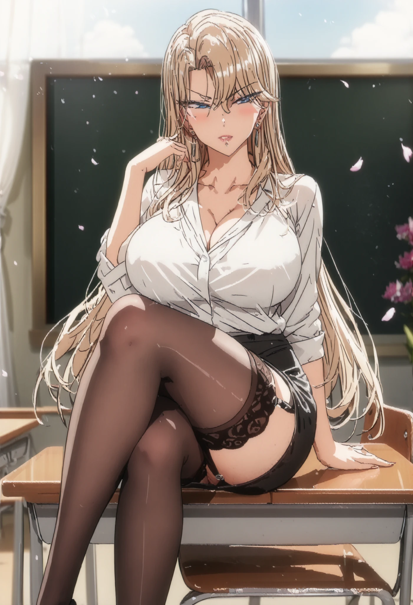 Kurashiki Reika, (Highest quality, masterpiece, Ultra-fine, delicate, 4K, Full HD), A girl, solo, Mature woman, Blonde, blue eyes, beautiful, beautiful and perfect face, Perfect luxurious glasses, View your audience, Tsundere, long hair, collarbone, Perfect black color high heel shoes, cleavage, Large Breasts, Blush, Perfect luxurious earrings, Perfect luxurious short black color backless office outfit, Perfect garter belt, Perfect black thigh-high stockings, seductive, sexy, attractive body, Full body, (perfect hands, perfect fingers, perfect number of hands and legs, Perfect length body, Perfect lips), Sitting on table with crossed legs, Legs no touch the floor, Side view full length, Throw, Closed up, (The background is evening time, Classroom masterpieces, sexy atmosphere, Perfect classroom window with curtain, open window, Cherry petals fluttering in the classroom, Perfect chairs and tables at the classroom, Blackboard at classroom)
