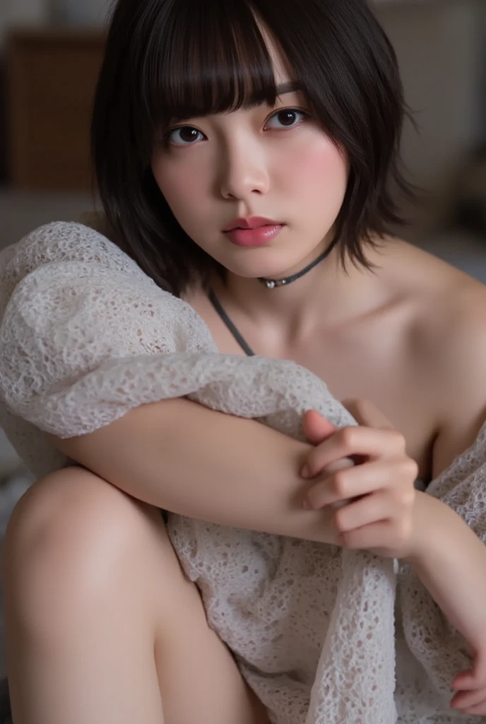 (Real: 1.5, Tabletop: 1.5, 8k), (Top Quality, Masterpiece, Ultra High Resolution), Perfect Dynamic Composition, Professional Camera Work: 1.4, Highly Detailed Skin and Face Texture: 1.3, Mysterious Portrait: 1.3, Glow Light Effect, Ultra Detailed, Alone Girl, ((Night View from Inside a Building, Pitch Black Room: 0.9, Night Moonlight Shines Through the Glass)), ((White lace panty, Topless)), (Model Body), Clear Face, (Beautiful and Attractive Eyes: 0.9, Dreamy Expression: 1.0, I Love You From the Bottom of My Heart: 0.8, Beautiful Erotic Taste: 0.7), (Wet Dark Brown Bob Cut), Candle, Large Breasts, ((cleavage)), breast grab, Necklace, (Sitting on Bed, Sitting Cross-legged), ((Attractive Functional)), Bed, Bedroom, Covered Nipples, ((Blushing:1.37)), No Panties, No Bra , Thin Eyebrows, skirtlift, covering breasts, One hand on own breasts, (Accurate hands), Wariza, One breast spilling out of the nightgown, ((One breast protruding from the nightgown; the hem of the nightgown lifted up))
