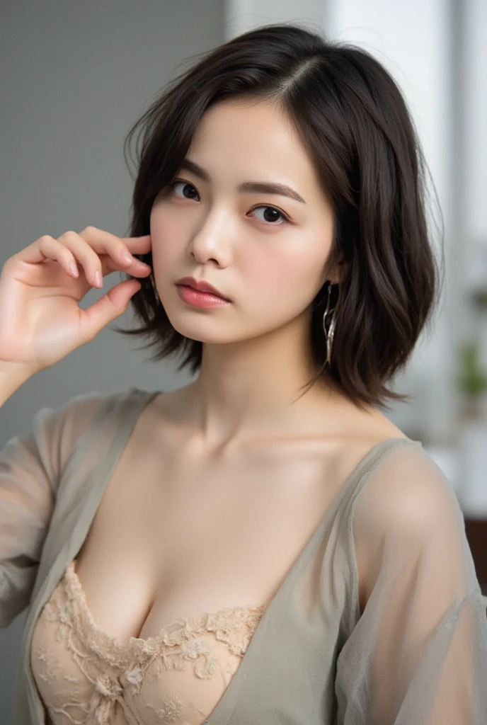 ((top-quality、8K、​masterpiece: 1.erfect Body Beauty: 1.4、Slender Abs: 1.2、Beautiful woman with slender abs:1.3、(Highlight Haircutreast B Cup:1.2), medium breast, round shape breast, perfect shape breast, (coat) necklace, hyperdetailed face、18year old、 Pretty women、(Dark brown short-cut hair), Slim Face、Highly detailed facial and skin texture、very detailed lips、opens legs、top-quality、​masterpiece、超A high resolution、(Photorealsitic:1.4),(()), As she confidently posing for camera, , studio light, gray background, full body