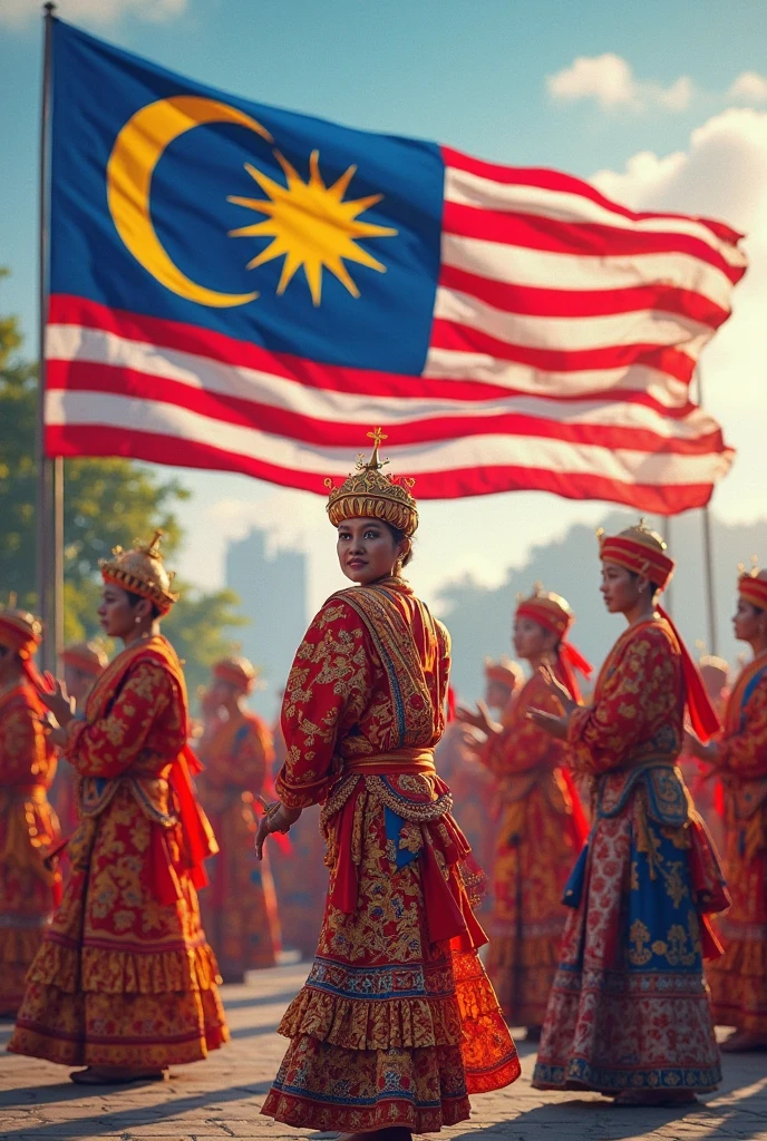 Big 
Malaysia's intelligence day celebration with a flag and traditional costumes for chinese, malays and indians
