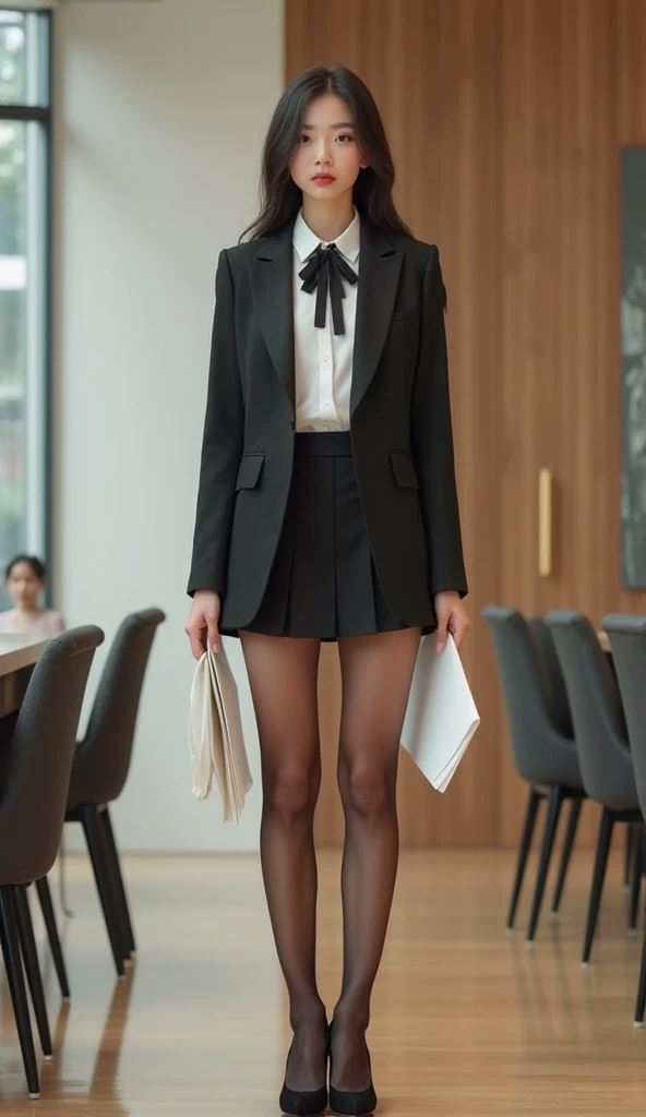masterpiece, best quality, hyperrealistic, cinematic photo, 14 year old girl, pale skin, American amazing slim body, ((White cropped blouse with tie)), black velvet trousers, black shoes, long brown hair, holding a candle, perfect slender legs, wide hips, perfect hands, beautiful face, perfect face, youthful, (blured background), modern style, from below, (low-angle shoot), low_angle_human, towering, (full body shot), standing, underneath shot, (view viewer), looking at viewer,(8k, epic composition, photorealistic, sharp focus), detailed background, ((empty classroom)), (a summoning circle glowing), DSLR, foil grain, window light