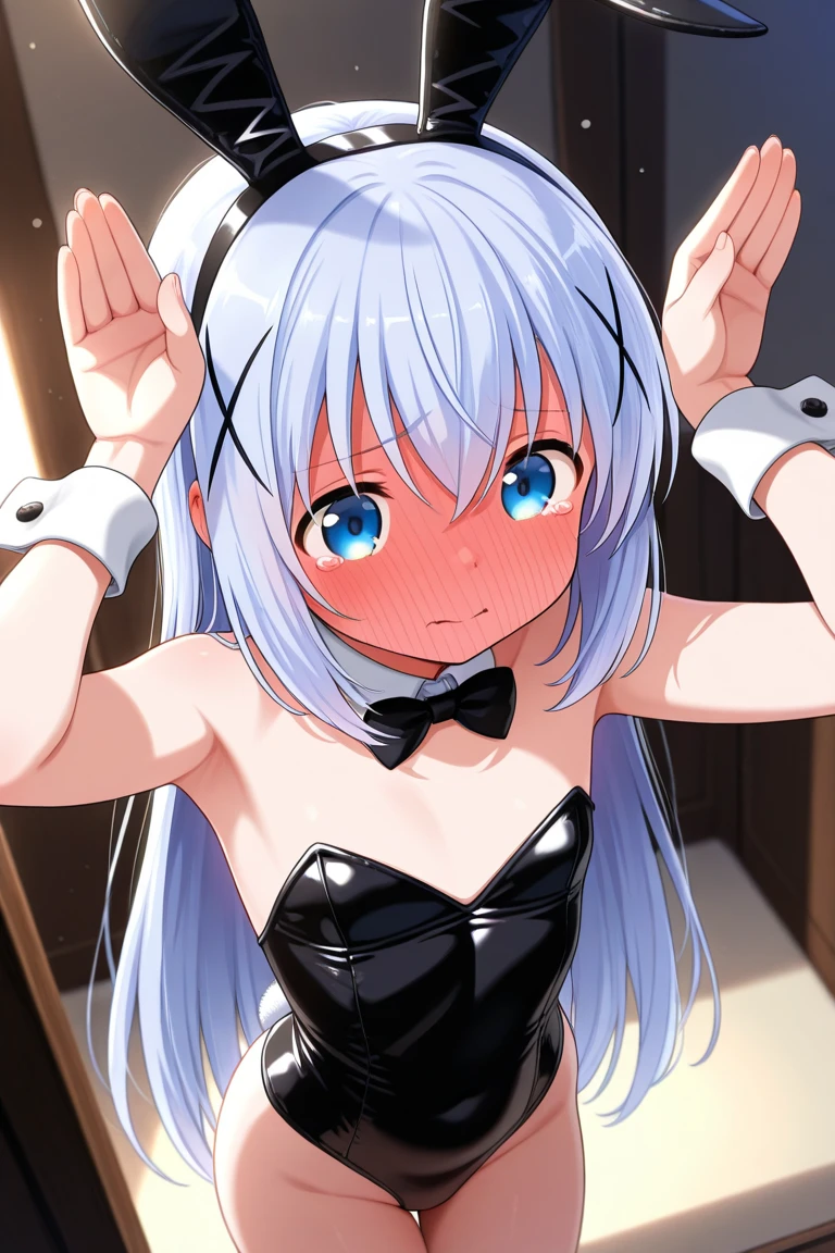a young girl, silver light hair, long hair, blue detailed eyes, crying, worried face expression standing in a basement, dark basement, hour glass body, white underwear, lingerie small breasts, catgirl, fluffy ears, cat ears, tail, chained, chain around her neck, dimly lit dungeon, sex dungeon