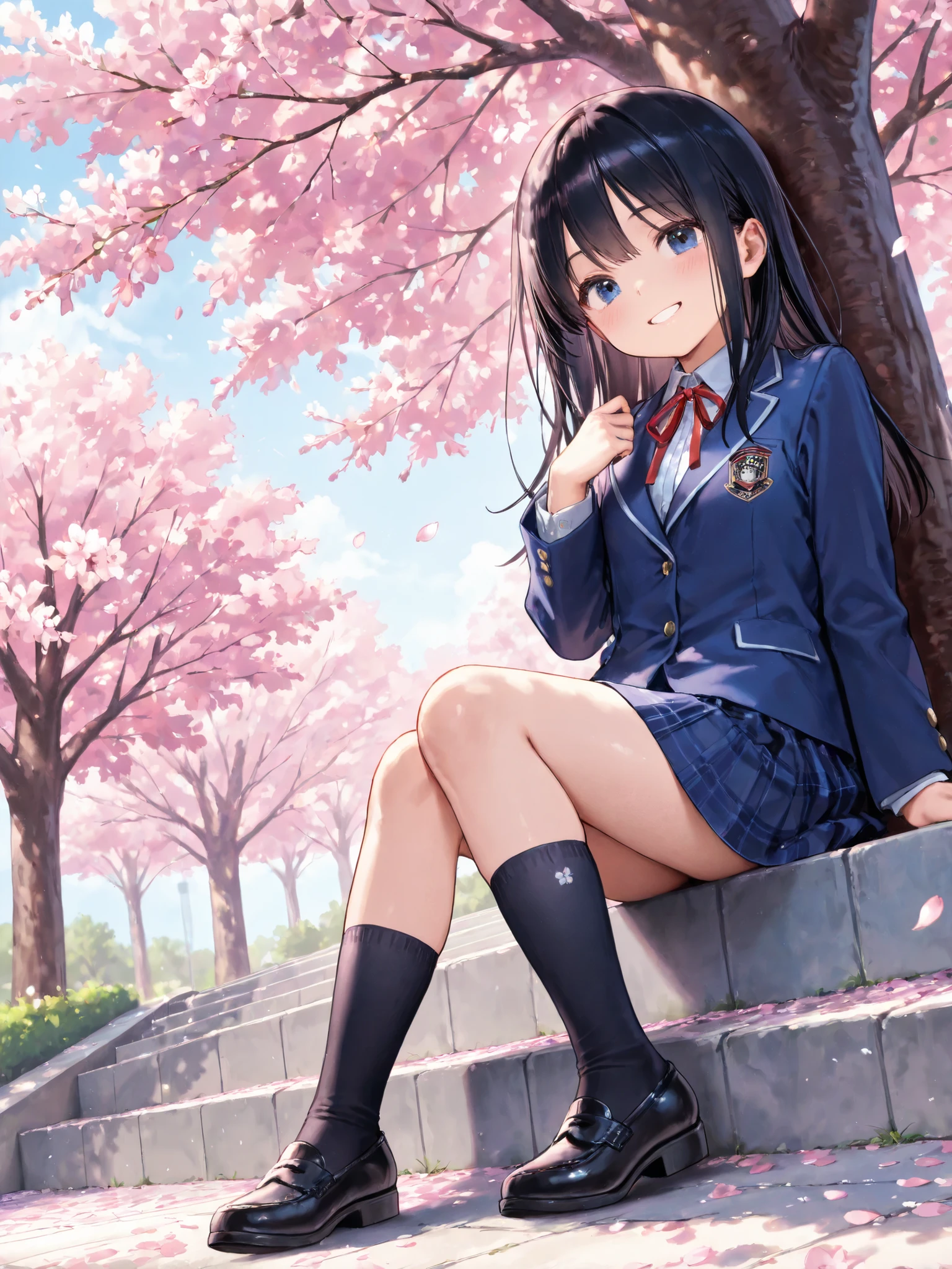 soft touch expression image quality、 soft contrast、Pretty Japanese high school girl、long black hair、Red ribbon on back hair、cute smile、Invincible Smile、Navy Blue and Green Blazer Uniform、white and blue stripe miniskirt、Black School Socks、Dark Brown Strappy Leather Shoes、May Clear Skies、the person is small、Slope Small Residential Area、Cherry blossom trees、Fluttering Cherry Blossom Petals、Spring scene、Stairway Path、portrait photography、