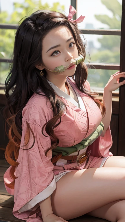 Masterpiece, Best Quality, High Resolution, Venus1, 1Girl, Solo, Tsuko Kamato, Bamboo, Gag, Hair (brown), Plaid Belt, Gag, Gag, Gradient Hair, Hair Ribbon, Haori, Japanese Clothing, Very Short Kimono, Long Hair, Looking at the Audience, Multicolored Hair, Pink Eyes, Very Short Pink Kimono, Pink Ribbon, Ribbon, Solo, (((Masterpiece)), Forehead, Sitting, Cute puffing cheeks,  Angry, Eyes wide, hips very wide, thighs very thick