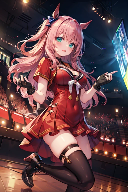 full bodyesbian,(ultra extreme details),(masterpeace),(hyper extreme),(Photorealistic),CG,(colours:1.2), Beautiful lighting,Light from the front,  Achilles,High ponytail,ahoge,pale colored eyes,Black shirt,White jacket,Bracelet,Red high-waisted skirt,asymmetrical legwear,Loafer shoes,