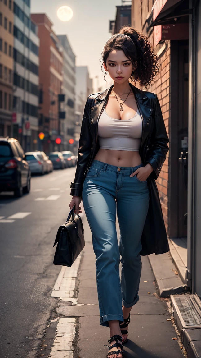 19-year-old woman、Hair color is brunette、Eye color is blue、bob cuts、Straight hair、wearing eye shadow and lipstick、Slender but well-proportioned muscular body、a smile、huge tit、is wearing jacket、Navel is visible、My abs are cracked、Wearing low-rise denim pants、I'm wearing high heels、I have a handbag、a smile、