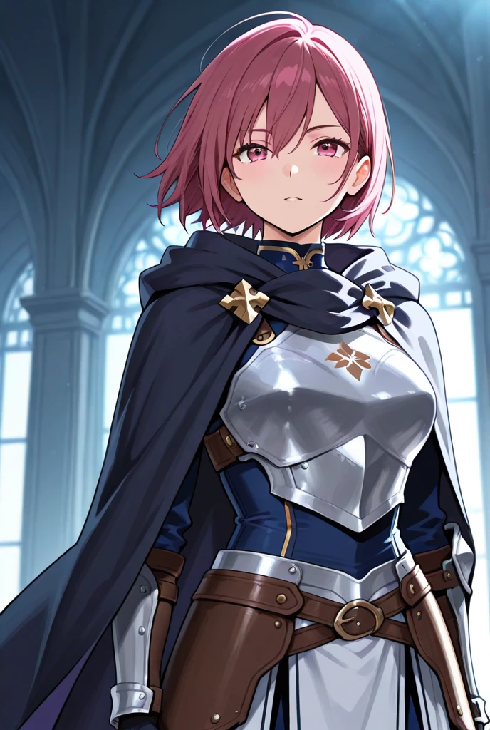 , masterpiece, Highest Quality, Highest Resolution, perfect background, perfect perspective, sharp image, perfect details, perfect lighting, perfect shadows, Perfect lighting, Best background, 1girl, filo, cleavage, pink hair, thigh highs, sword, cape, gloves, blue skirt, short hair, blue eyes, standing, skirt lift, lifting skirt, upskirt, panties,