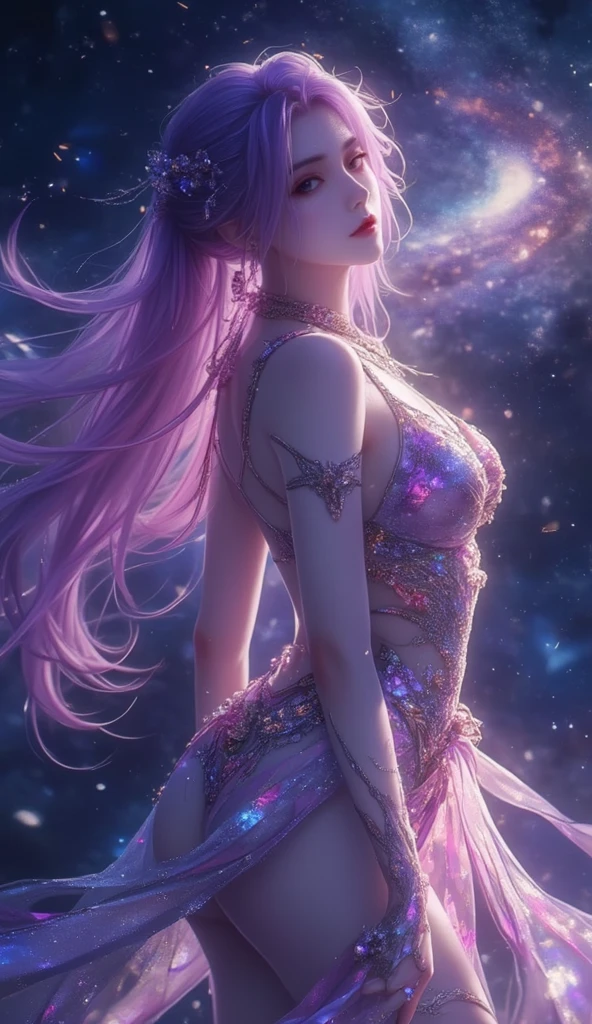 4K ultra hd, masterpiece, a girl with a magical aura, good face, long hair, shining hair, detailed eyes, glossy lips, wearing a dress in color orange, aura around the body, magical effects, spreading white and rainbow lights, Cosmic elements and ethereal atmosphere, A mix of bright lights and colorful nebulas, universe background, attractive pose, whole body capture.