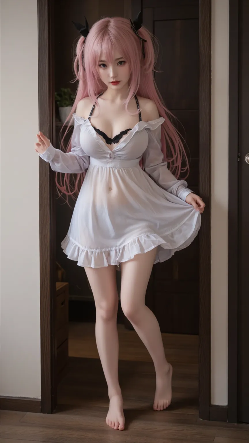 masterpiece, illustration, cartoon, 1 girl, intricate details, best texture, real, 8k, soft light, perfect shadow, full body, real, 1 girl, 14 years old, scary face, pink sexy hot nude, necklace and watch, transparent dress, smile, baby face, (white background), nabel