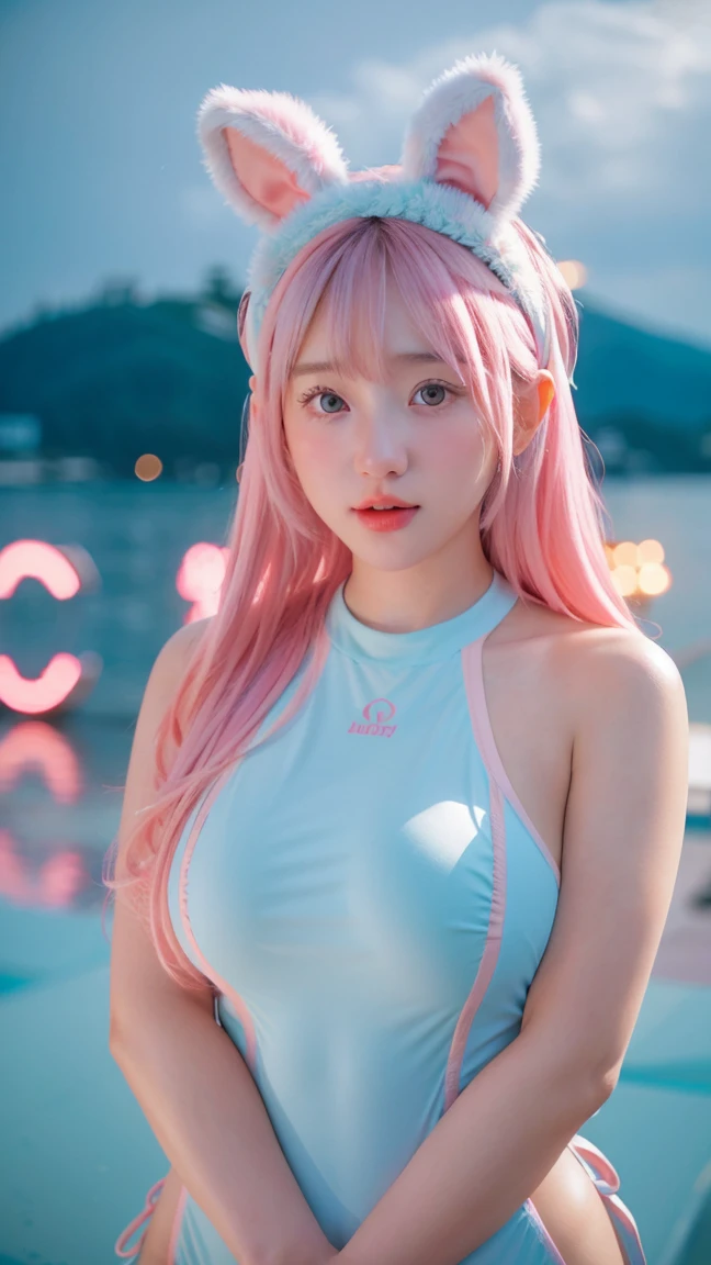 Adorable , Gorgeous , Beautiful , Russian Baby Face , (Large Colossal Breasts) , 30 Years Old , White Skin , Bunny Cosplay Suit , Bunny Headband , Front Facing , Potrait , Top of The Mountain Background , Wind , ((Muscles:1.1)) , Long Hair Bangs , Blue Eye , ((Pink-Blue Pastel Coloured)) , ((Night:1.3)) , Standing , HDR , Ultra Detailed , EF 24-70mm f/2.8L II USM, ((naked 1.1)), ((wet skin 1.1))