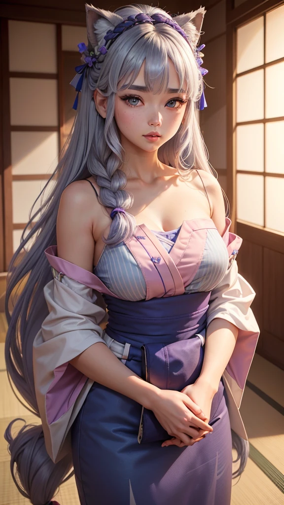 (Highest quality:1.4), High resolution, Ultra high definition, 8k Raw Photo, masterpiece,The ultimate expression of softness and fluffiness,, One girl,, Light purple hair, Purple eyes, (Kemomimi), Medium chest, Naked thin thighs,, hair ornaments, (red|White Japanese shrine maiden outfit), Removable sleeves,, red面,, lanthanum, shrine,, Detailed face,
