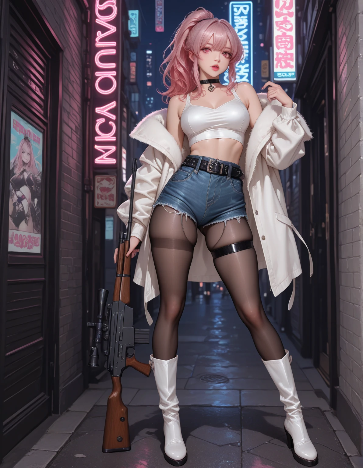 1girl,solo,medium breasts,outdoors,<lora:GoodHands-beta2:1>,(full body:1.2),(from behind:1.3),<lora:0173 Concept U 1_v1:1>,ruanyi0173,fishnet pantyhose,fake animal ears,fur trim,asymmetrical legwear,o-ring,tail,, (masterpiece, best quality, hires, high resolution:1.2), (extremely detailed, realistic, intricate details, highres), 3d, cg, bbw, shiny skin, , blush,, eyeliner, eyeshadow, eyelashes,, (gigantic breasts, saggy breasts:1.1), (cinematic lighting, sunlight, volumetric), looking at viewer, simple red background, vintage fantasy, 1960s \(style\), film grain,