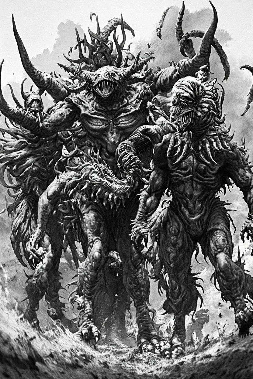(3D rendering:3.1) in (medium full shot:3.1) of lot of characters from a movie for (slave girls from beyond infinity), inspired by Clyde Caldwell, futuristic apocalypse, warriors in battles against space creatures, monsters, daemons, aliens, mutant, with explosions, smoke and fire (with Creepy, Sci-Fi, Fantasy and Horror:2.9), directed by Ridley Scott (Cinematic:3.1), (with Creepy, Sci-Fi, Fantasy and Horror:2.9) retro sci fi, Horror movie, very detailed body, moody, epic, shot on Kodak Vision3, (intricate details:2.4), (hyperdetailed:3.1), (8k resolution:3.1), (high detailed:4.1), good detailed, high quality, soft light, dramatic atmosphere, atmospheric pespective, (impactful art:2.8), rich colors, (3D rendering:3.1)