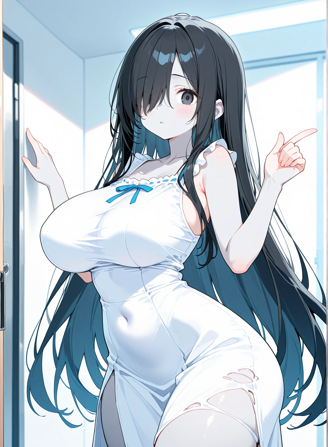 (1girl, solo:1.5) black hair, long hair, black eyes, ,nsfw , large breasts, nipple, Walking, crying,,, ,ShoppingMall, , frozen, wet, ,, Naked, Blind ,Temptation, Blank look, empty eyes