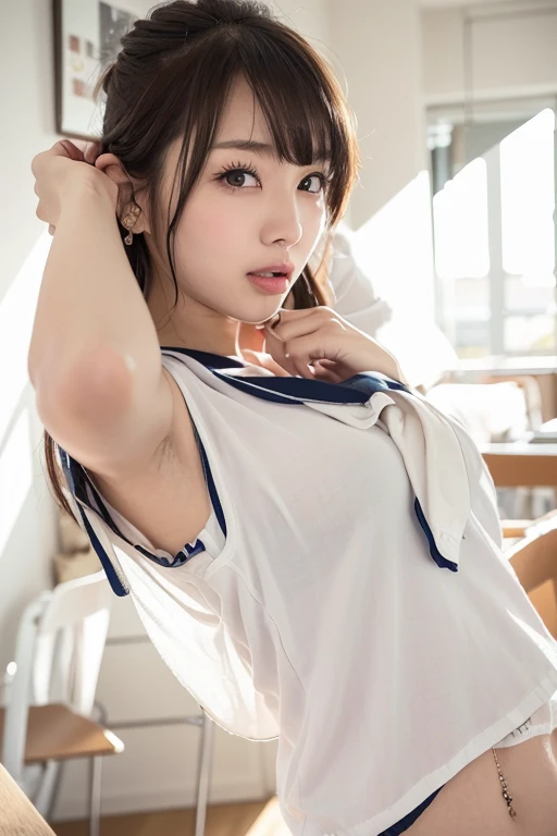 (Highest quality,masterpiece:1.3,Ultra-high resolution),(Very detailed、Caustics) (Realistic:1.4, RAW shooting、)Ultra-Realistic Capture、Very detailed、Natural skin texture、masterpiece、(Japanese girl wearing junior high school sailor uniform:1.3)、Adorable expression、Expressions of happiness、、Young Face、Amazingly cute、Twin tails、Curly Hair、Black Hair、Scrunchie、necklace、Bare arms、light makeup、小さい breasts、Shining Breasts、Shining thighs、Filmed in a private room at a sex shop、The scene when he entered the room、A pose that emphasizes the chest、smile、An inviting gaze、Full body photo、Anatomically correct、Attention to detail、