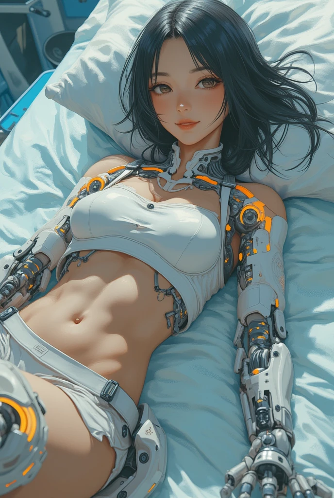 A beautiful naked anime robot girl, extremely detailed, wearing no clothes, with small breasts, laying on a bed, highly detailed, 8k, photorealistic, masterpiece, vivid colors, dramatic lighting, elegant pose, intricate mechanical details, futuristic technology, glowing eyes, flawless skin, flowing hair, dynamic composition, spread open legs