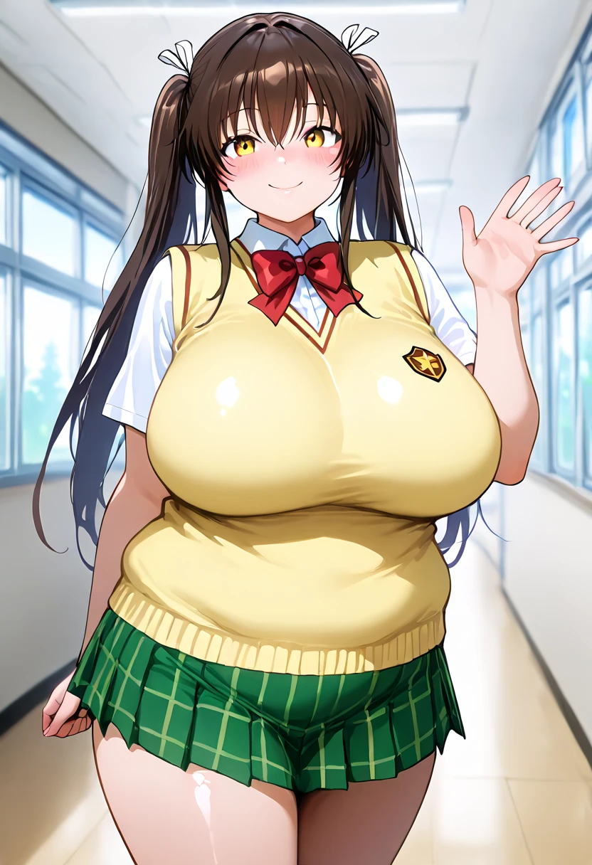 (masterpiece, best quality:1.2), 1 girl, alone,permanent_,
Food Yuuki, brown eyes, brown hair, hair accessories,long hair,Green plaid skirt, Sainan high school uniform, , White shirt, Yellow sweater vest,No