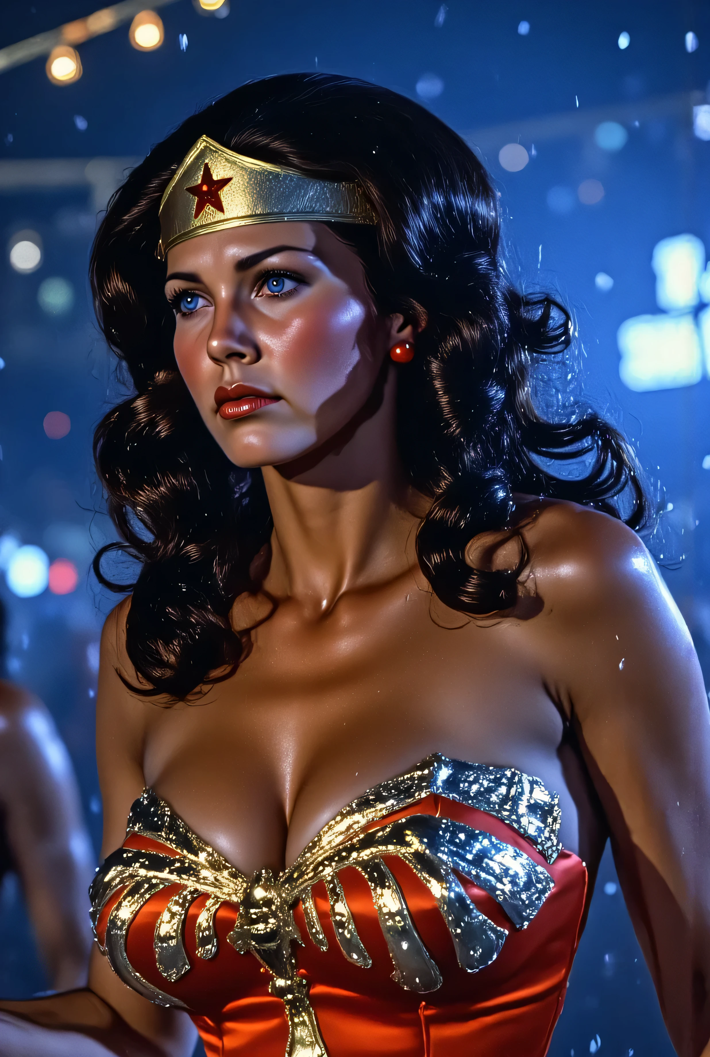 3/4 close-up of Lynda Carter as Wonder Woman preparing for battle in a neon combat arena, red and chrome armor reflecting electric blue light, battle scarring on her cheekplate, breathing softly in the glow of digitized flames, background filled with crowds and flickering ads, intense focus in her eyes, cinematic sci-fi action tone