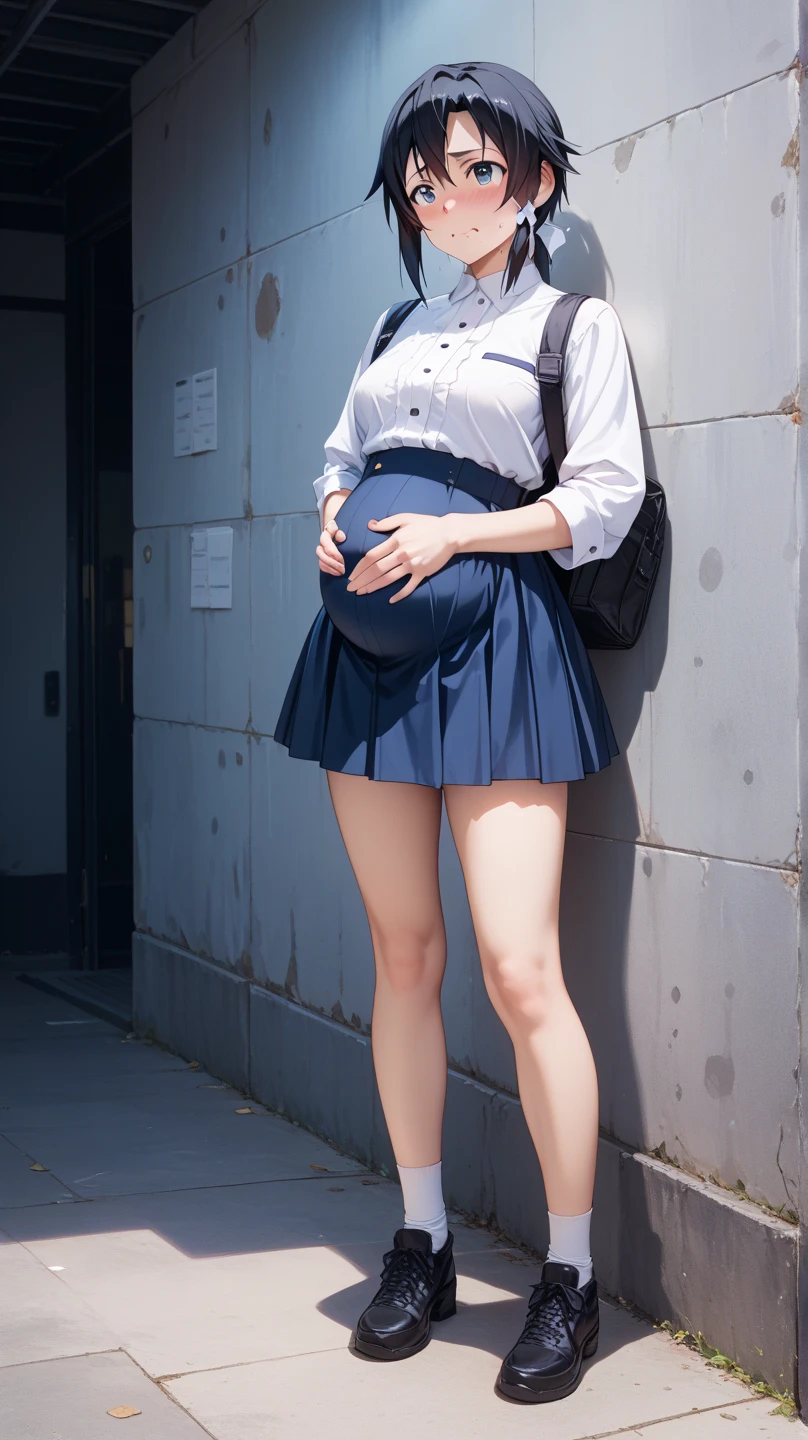 akizuki airi. oni chichi, masterpiece, best quality, super detailed, illustration, flat color, depth of field, 

1 girl, young, anime, stairs, fell, trying to get up, blonde, twintails, red pleated mini skirt, wet white button-down shirt, school uniform, serafuku, blue tie, no bra, black tights, small backpack, detailed leather texture, detailed fabric texture, beautiful detailed face, big breasts, blue eyes, pregnant, tired, pink panties, translucent, cried, tears, torn tights