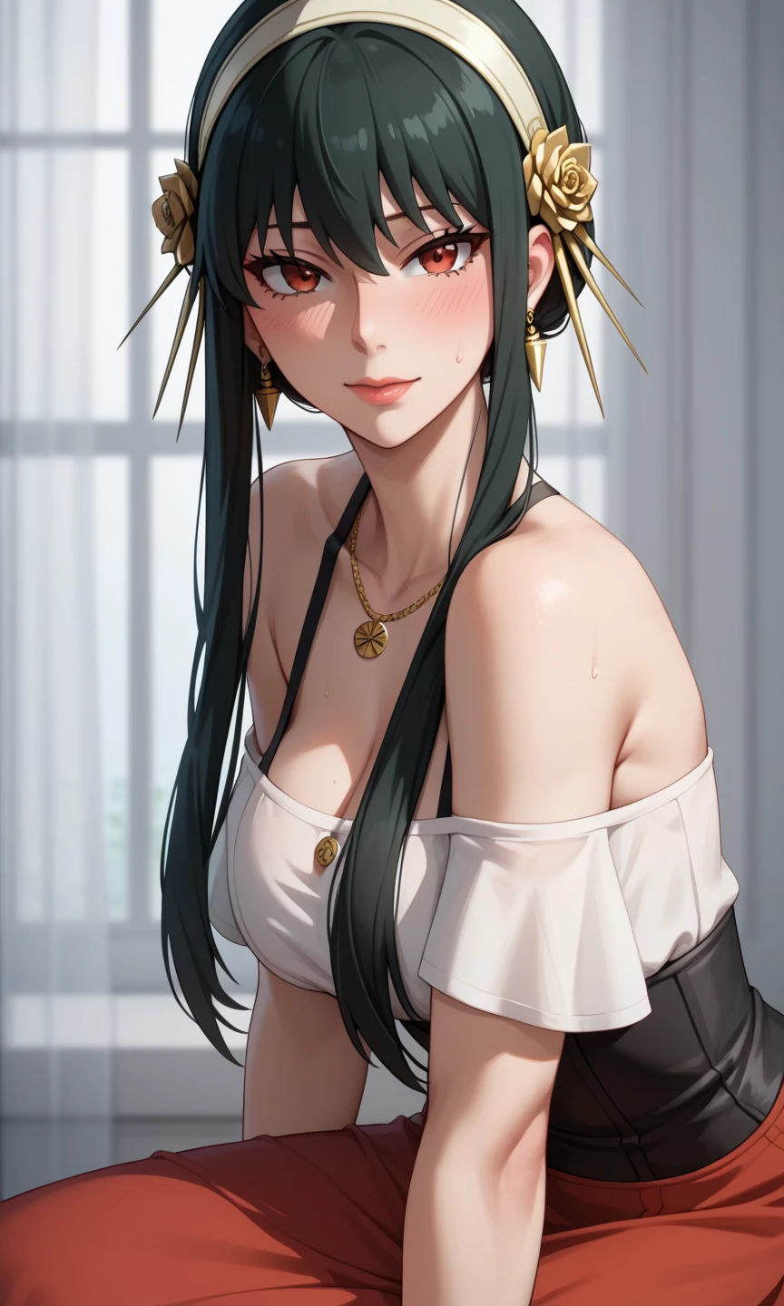 High resolution、masterpiece、One Girl、Bear、Black-haired、Long hair short hair、White hair band、look up、Kamimei、Leaning forward、Open your mouth、Smiling with teeth showing、Bring your face closer、Red eyes、Gold earrings、jewelry、Undressing、No clothes、Completely naked、window、Medium chest、Mouth closed、sunlight、Lips parted、Backlight、whole body