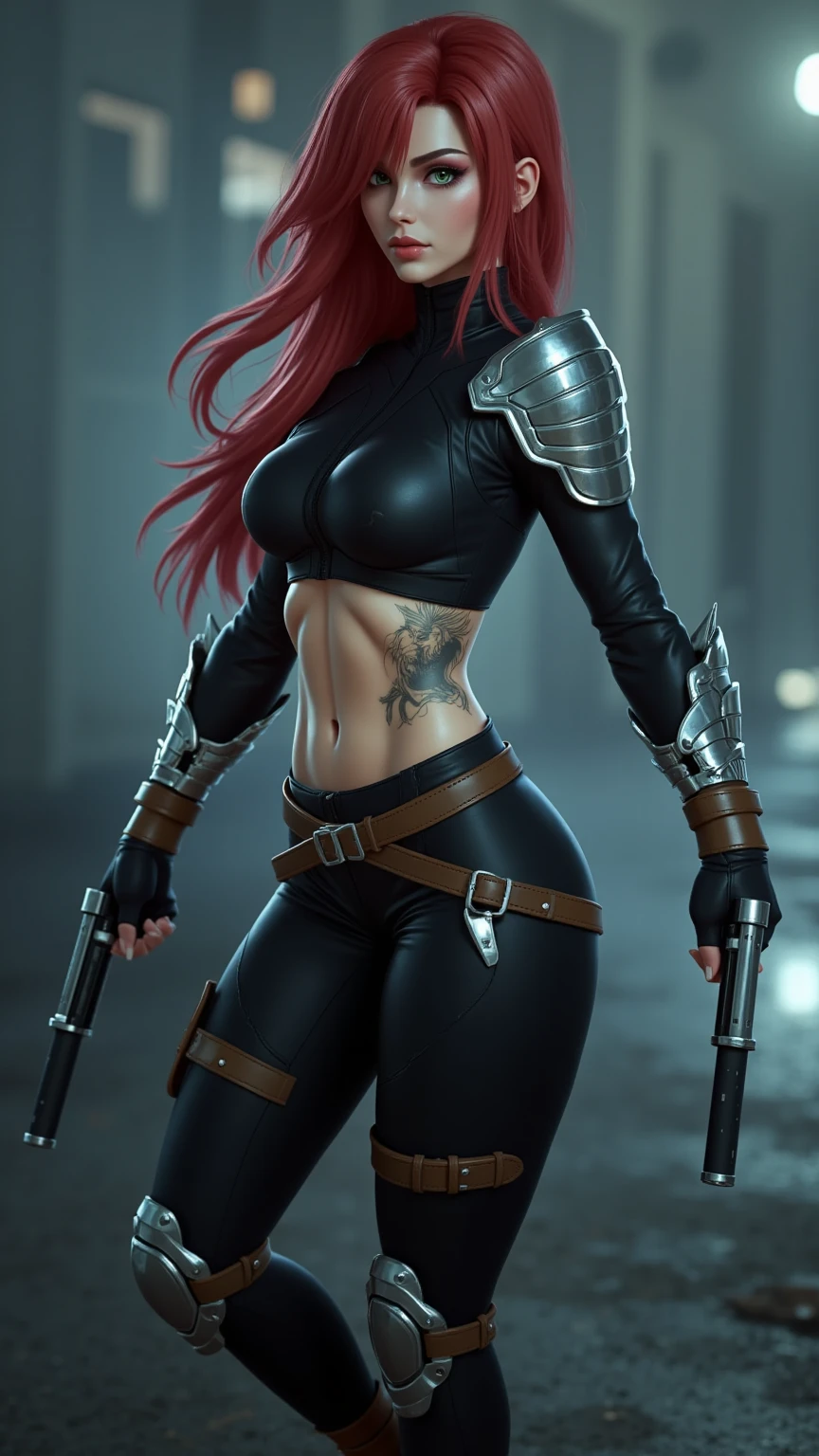 katarina, High Quality, (Photorealistic:1.4), (Realistic:1.5), 8k, Highres, Fine Light, Studio Lighting, katarina league of legends, red hair, thigh gap, Sexy Pose,green eyes, ( belly tattoo:1.2), harness, sexy pose, 1 girl, <lora:Katarina2:0.8>, katarina, beautiful eyes, street,