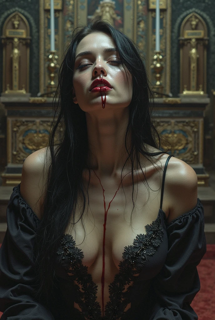 (masterpiece:1.3, photorealistic:1.37), 1girl, (christinaricci-ti), young, topless, ((long straight black hair)), (small breasts:1.3), (huge sagging:1.3), pale skin, vampire, sitting with legs crossed, necklace, (blood dripping from mouth running down to the chest:1.2),(blood_red:1.5), (black_metal:0.7), (vampire fangs), elegant, royal, victorian style, mischievous, lascivious, looking at viewer, smirk, extremely detailed facial features, low lighting, candles in background, cinematic scene, anatomically correct, Castlevania inspired art, (HDR:1.5)