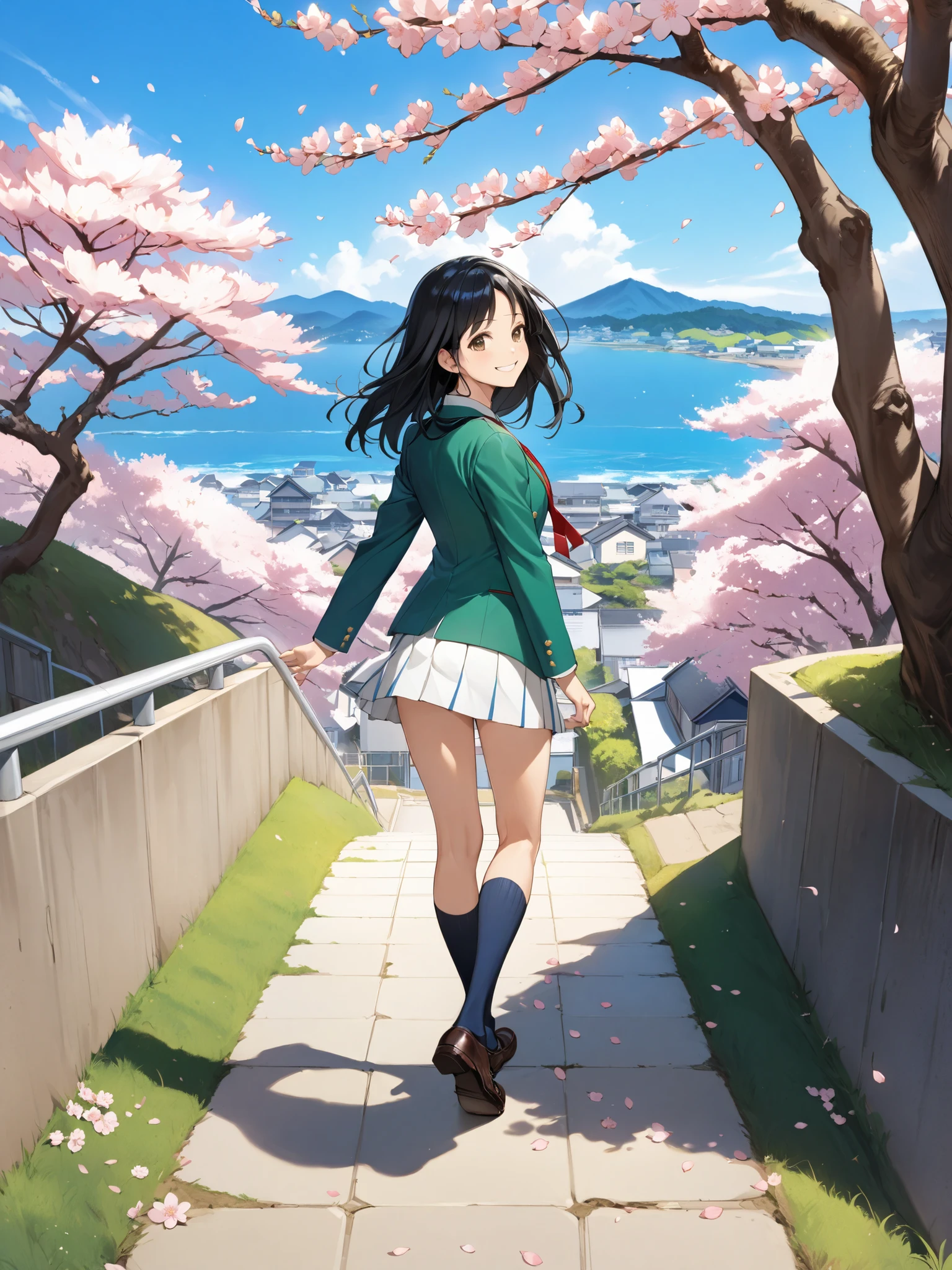 soft touch expression image quality、 soft contrast、Pretty Japanese high school girl、long black hair、Red ribbon on back hair、cute smile、Invincible Smile、standing、walk、Navy Blue and Green Blazer Uniform、white and blue stripe miniskirt、Black School Socks、Dark Brown Strappy Leather Shoes、May Clear Skies、A small residential area on a slope with a view of the ocean、Cherry blossom trees、Fluttering Cherry Blossom Petals、Spring scene、portrait photography、