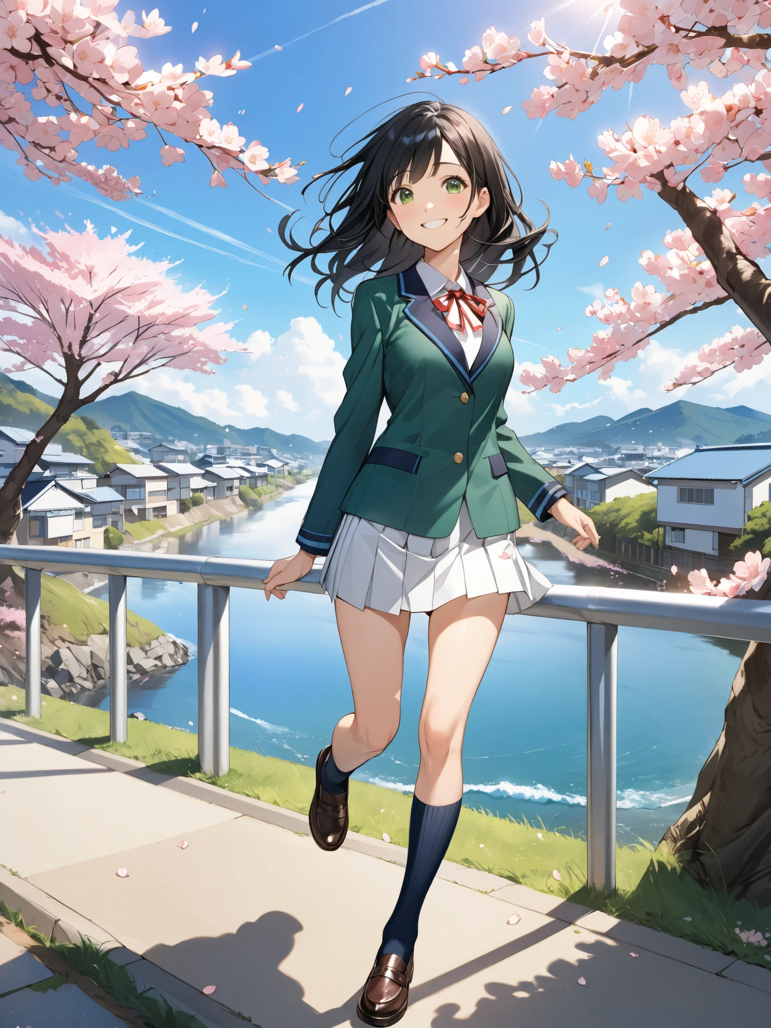 soft touch expression image quality、 soft contrast、Pretty Japanese high school girl、long black hair、Red ribbon on back hair、cute smile、Invincible Smile、standing、walk、Navy Blue and Green Blazer Uniform、white and blue stripe miniskirt、Black School Socks、Dark Brown Strappy Leather Shoes、May Clear Skies、A small residential area on a slope with a view of the ocean、Cherry blossom trees、Fluttering Cherry Blossom Petals、Spring scene、portrait photography、