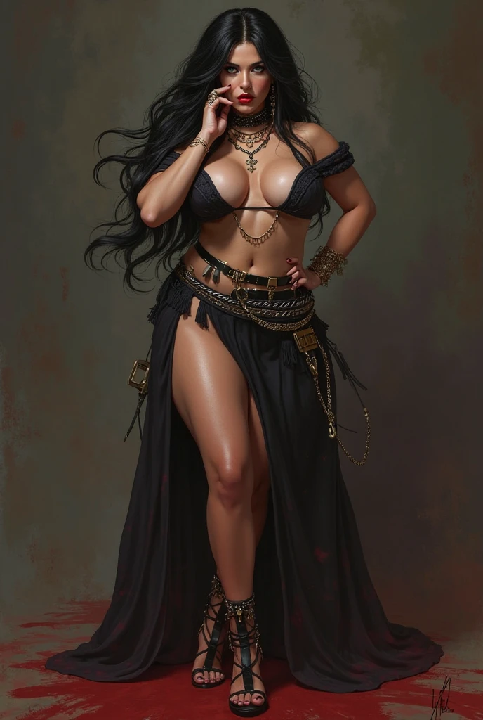 masterpiece, highest quality, details, brown Latin woman, vampire, fangs in open mouth with blood, purple dress, long brown hair, dark brown skin, full body, modern, in a dungeon, game character, realistic, gothic, blood on mouth, long sharp teeth