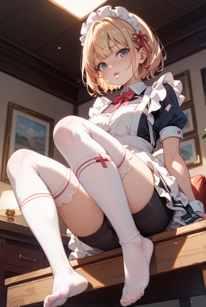 iwanaga kotoko sitting on her bed spreading her legs to reveal her panties, sitting on bed, cute girl, white panties, white dress, white beret, perfect anatomy, sexy, ultra detailed, hdr, 4k, spread legs, fullbody, blushing, pervert, perfect proportions, blonde hair, white pantihose, short hair, vibrator in tighhights, vibrator, pink vibrator, vibrator on tighs, vibrator on panties, aheago
