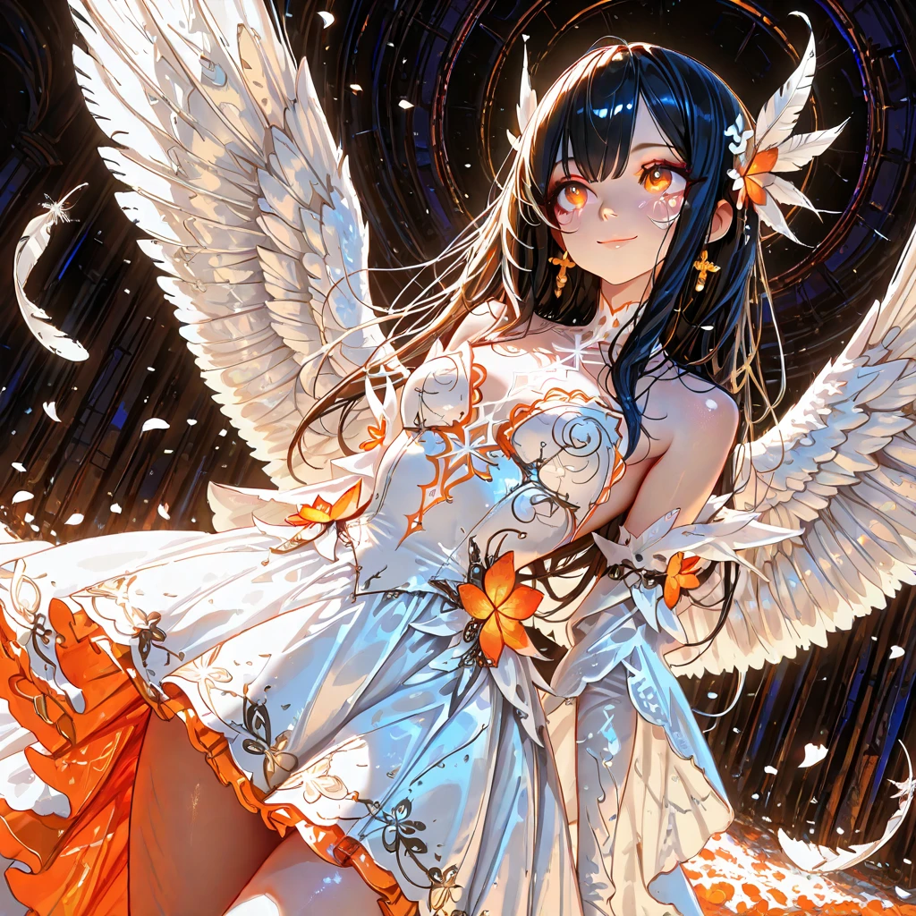 Highest quality,Highest Resolution,Smiling beautiful girl in maid leotard,White angel wings on your back,Halo,High leg,Frills,Knee-high stockings,front,whole body,up,universe,Milky Way,meteor,Very beautiful eyes,