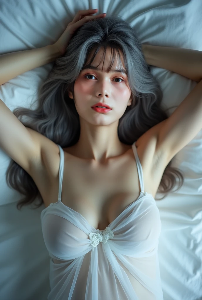 ((masterpiece:1.4)、(Highest quality:1.4)、(Real:1.7)、1、(upper arm:1.4、Upper arms:1.4)、(Perfect Anatomy:1.4)、(Perfect female body:1.4)、Full-body portrait、((Tabletop:1. 4), (Highest quality:1.4), (Real:1.7), (Woman lying in bed)、work、beautiful girl、One very beautiful child:1.4), Shining、Natural skin texture, (Perfect female body:1.4), (Perfect female body:1.4), (Perfect female body:1. ) 4), Portrait, Close-up photo, （Full body photo）, Fantasy art, Soft light from the front, Beautiful expression, Cute Face, Beautiful breasts, Beautiful buttocks, Beautiful Eyes, Clear and eye-catching, Beautiful and attractive, Beautiful Eyes、 Narrow waist、RAW Photo、Red lips、((Gray Hair、Long Hair))、1 Screen Display、),((Semi-transparent off-shoulder white dress exy posture)、(Black panties are visible)、(Black Stockings)、(Laughter)、((slim、Perfect Style))、Cleavage Emphasis、(White panties are visible)