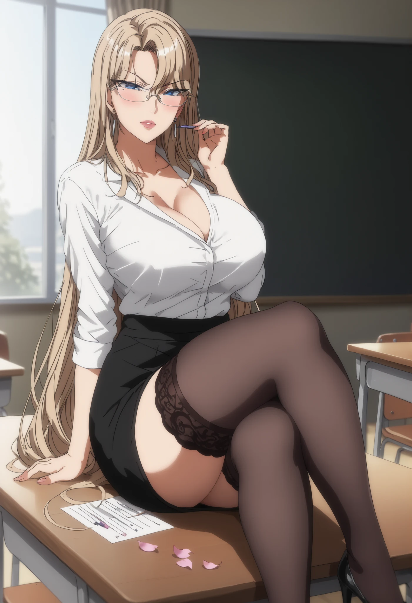 Kurashiki Reika, (Highest quality, masterpiece, Ultra-fine, delicate, 4K, Full HD), A girl, solo, Mature woman, Blonde, blue eyes, beautiful, beautiful and perfect face, Perfect luxurious glasses, View your audience, Tsundere, long hair, collarbone, Perfect black color high heel shoes, cleavage, Large Breasts, Blush, Perfect luxurious earrings, Perfect luxurious short black color backless office outfit, Perfect garter belt, Perfect black thigh-high stockings, seductive, sexy, attractive body, Full body, (perfect hands, perfect fingers, perfect number of hands and legs, Perfect length body, Perfect lips), Sitting on table with crossed legs, Legs no touch the floor, Side view full length, Throw, Closed up, (The background is evening time, Classroom masterpieces, sexy atmosphere, Perfect classroom window with curtain, open window, Cherry petals fluttering in the classroom, Perfect chairs and tables at the classroom, Blackboard at classroom)