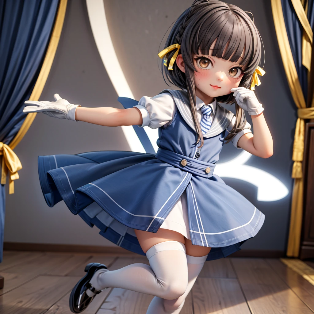Master piece, Top Quality, very high resolution, very detailed, Detailed background, (Fraulem Chrome, (black hair, semi-long hair, Blue ribbon in ponytail), (white blouse, Blue Short Ribbon Tie, long blue skirt), small, neat, black eyes, Study, soft smile), Scaled, Study Chic, vase