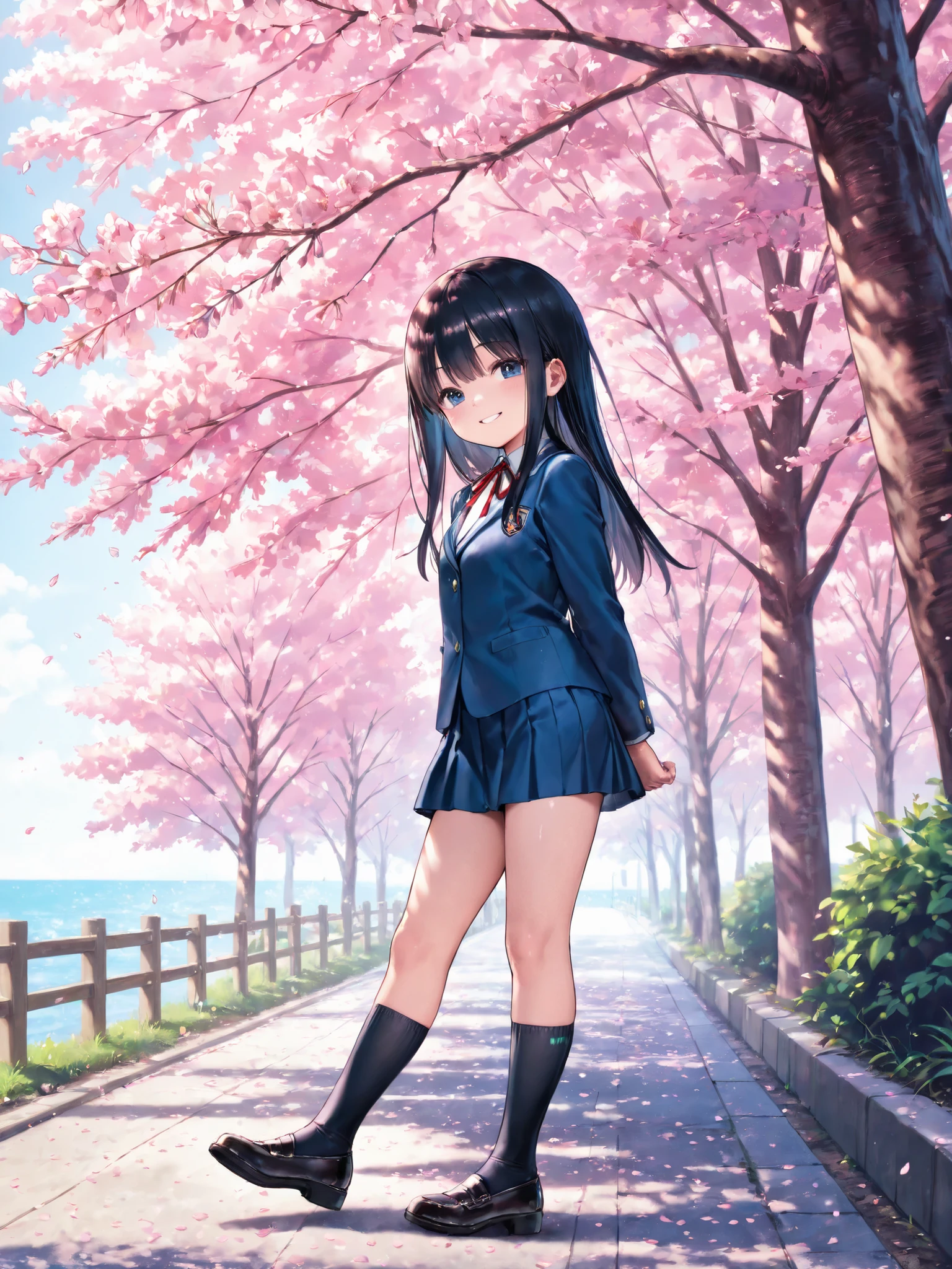 masterpiece, best quality, highres, aawendy, long hair, school uniform, yellow bow, red jacket, long sleeves, black skirt, black thighhighs, <lora:wendy_marvell_v1:0.7>, arms behind back, smile, bent over, smile, open mouth,