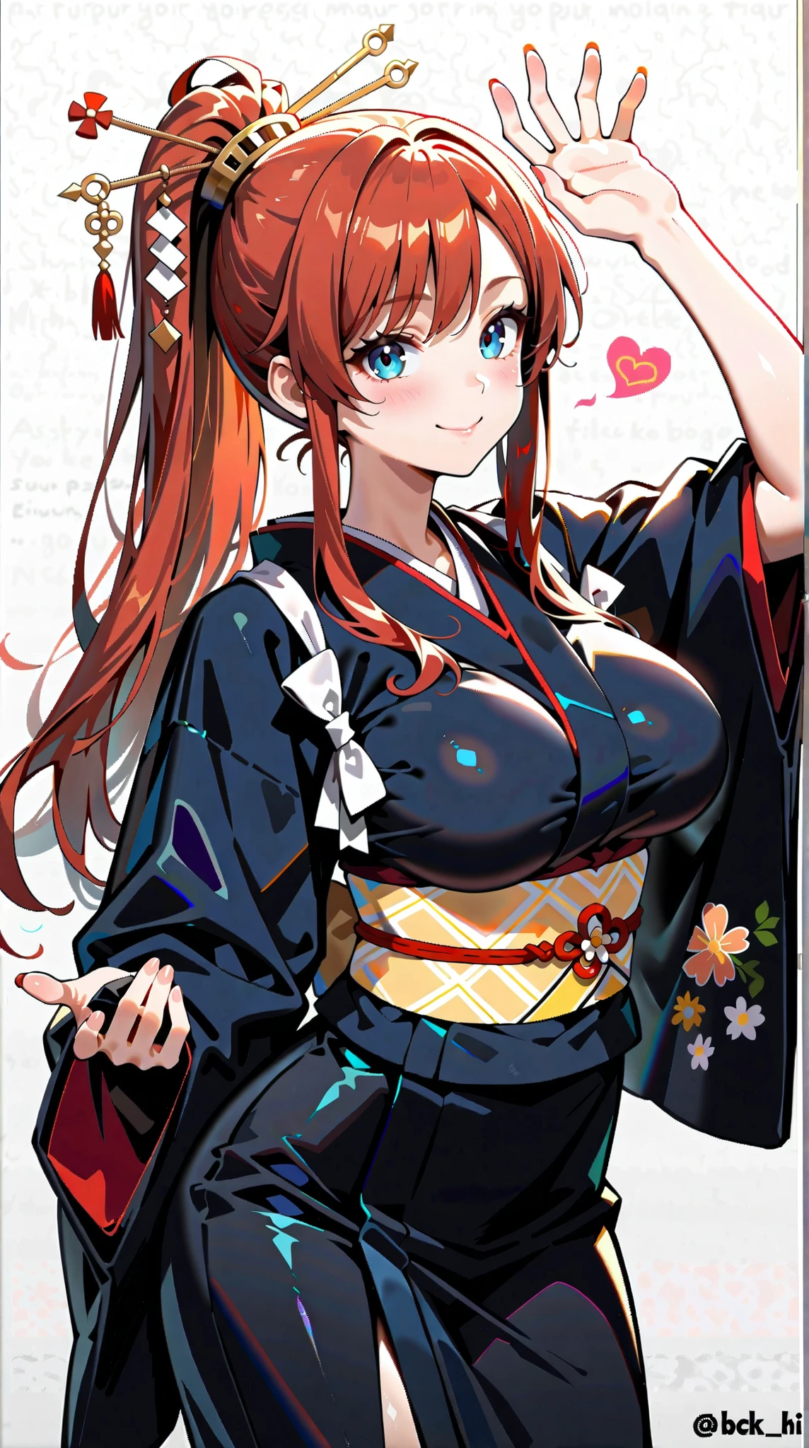 8K (high resolution) (Super Detail) (masterpiece) (Highest Quality) animated illustration detailed eyes detailed face detailed hands Delicate hair detailed wrinkles on clothes very elaborate body with raised palm fine skin healthy skin tone with ro in the background solo 18 years old blue eyes (red hair) barrettes on bangs ponytail raised chest carrying the sun Big Breasts smile black kimono hairpin Raise your palm composition from an oblique bottom see here