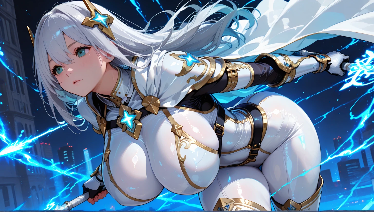 fantasy, 1angel_girl,(young_teen:1.5), ,brown_hair, medium_bob_hair, long_bangs, halo,bare_shoulder,thighhighs,silver_armor, waist_armor, large_breasts,1pair_wings, dynamic_pose_fighting,floating, bare_crotch, headgear,gauntlet, greaves,city_landscape_background,slightly_spread_legs, solo, groin_naked,smile