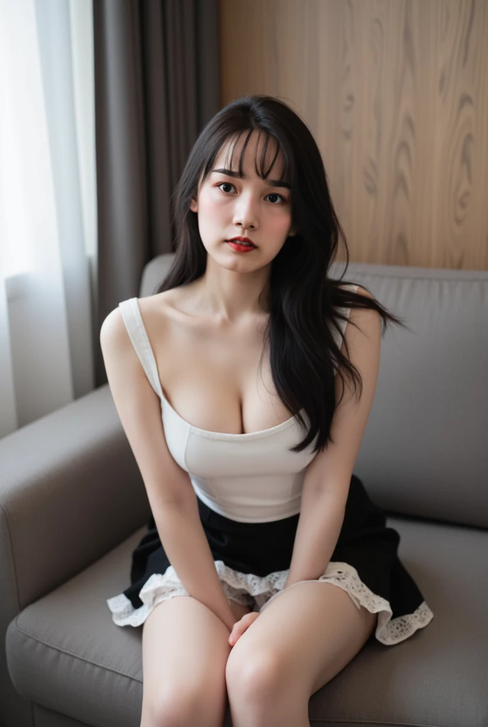 Masterpiece, Top Quality, Ultra High Definition, Colorful, Flat Color 1 girl, watching viewer, girl in the korea karaoke, sweaty cheeks, detailed texture, white blouse, blue jeans, deep cleavage, beautiful detailed face, adult atmosphere, exposure, upper body up, blurred background, (black wave hair with bangs), big: 1.4, ANNAA, (sofa)

