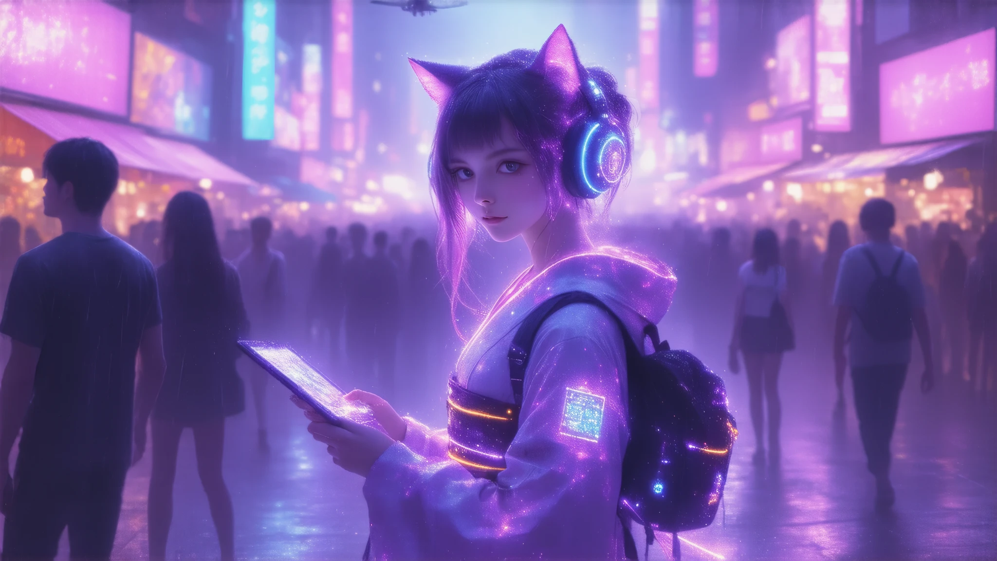 "Vibrant cyberpunk comic convention scene, [central focus: a cute Japanese girl with neon-streaked hair looking at the viewer, wearing a tech-wear kimono blending traditional patterns and glowing circuits, cybernetic cat ear headphones], surrounded by bustling crowd of cosplayers (cyber-ninjas, holographic idols, robot characters), neon-lit booths selling manga-themed neural interfaces, floating hologram advertisements for anime games, [background: retro-futuristic Tokyo skyline with massive LED screens showing anime trailers], artists drawing with digital tablets emitting light particles, stage with a drone-powered light show, rain effects illuminated by purple and cyan spotlights, ultra-detailed 8K illustration, mix of kawaii anime aesthetics and gritty cyberpunk textures, cinematic contrast between warm pink tones and cold electric blues, trending on ArtStation and Pixiv, designed by Ilya Kuvshinov and Krenz Cushart."