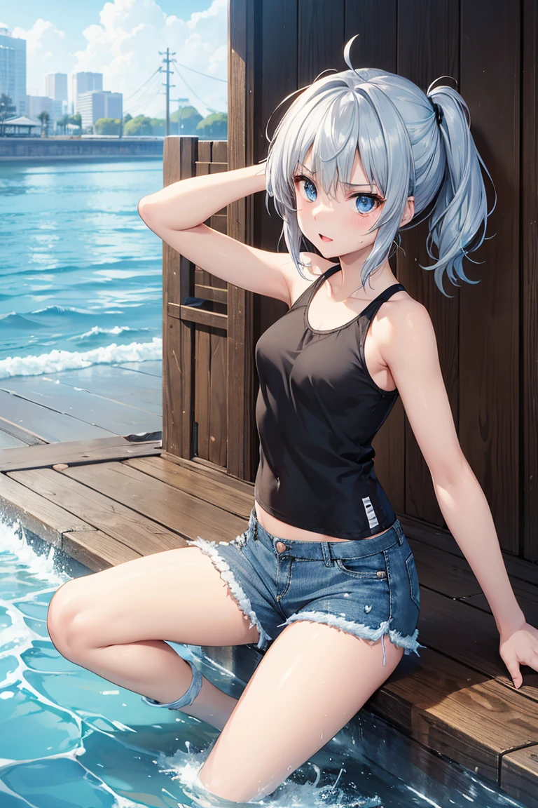 Silver haired anime cat ear girl in school swimsuit with cat ears, shoulder look, anime drawing by Yang J, pixiv contest winner, serial art, digital anime illustration, kawashi, anime style illustration, anime style 4K, small, , beautiful anime portrait, anime style portrait, anime style artwork, Guweiz style artwork, anime illustration, digital anime art, detailed digital anime art, beautiful blue sky, ((beautiful clouds))
