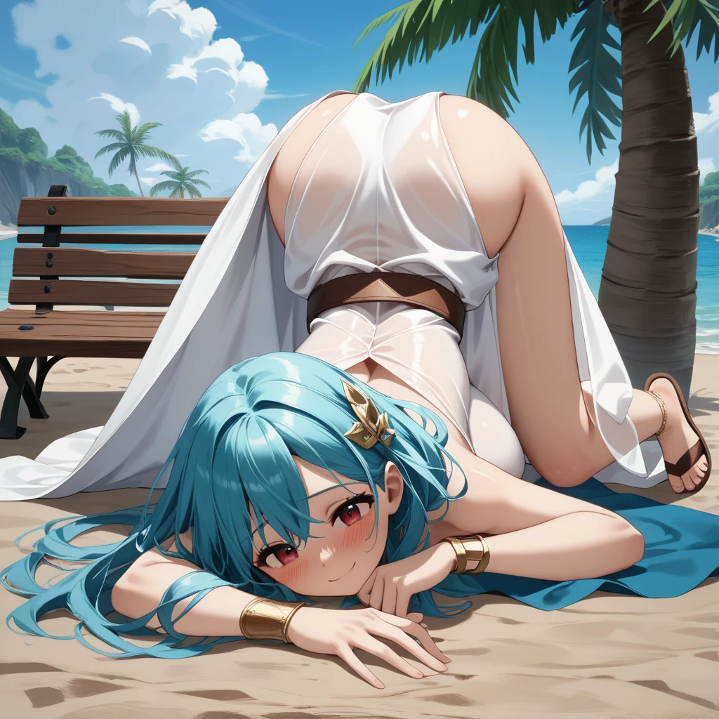 masterpiece, best quality, beautiful art, high resolution, well formed hands, body and fingers, 1 woman, solo, Xianyun, adult, hair ornament, big breasted, cleavage, full body, long hair, wearing a Tyris Flare outfit, sexy and skimpy bikini, gorgeous legs and thighs, ryona , in peril, she is being beaten up by her opponent, being slammed against the floor, receiving the impact of her opponent's attacks, closed eyes, screaming in pain and agony, ryona and perilous scene, bouncing breasts, weak and helpless, martial arts tournament on the beach