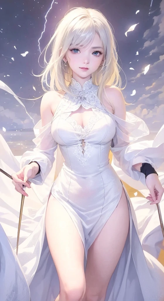 ultra quality, young woman, high, bright skin, White hair,horsehair,t-shirt,strappy, slim, topic, skirt,Delete,coat,thigh high boots,black boots,green eyes, Autumn, bracelets, park, Height,piquancy,Exquisitely,long gloves,to the elbow,open shoulders,necklace, for the whole growth.