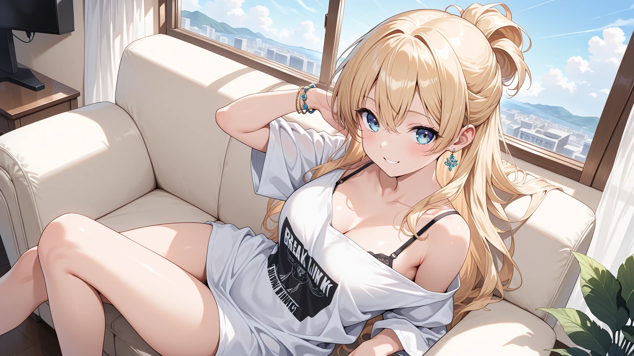 (masterpiece), best of quality, Expressive eyes, perfect face, blonde hair, blue eyes, of_earrings, necklace , mature of woman (27 years old), red lipstick, medium breasts, Medium leg, perforation, Bangs, emerald eyes ,Background sunset, ponytail, Soft lighting, Light makeup,, Smile, fitness clothes (black and white)
