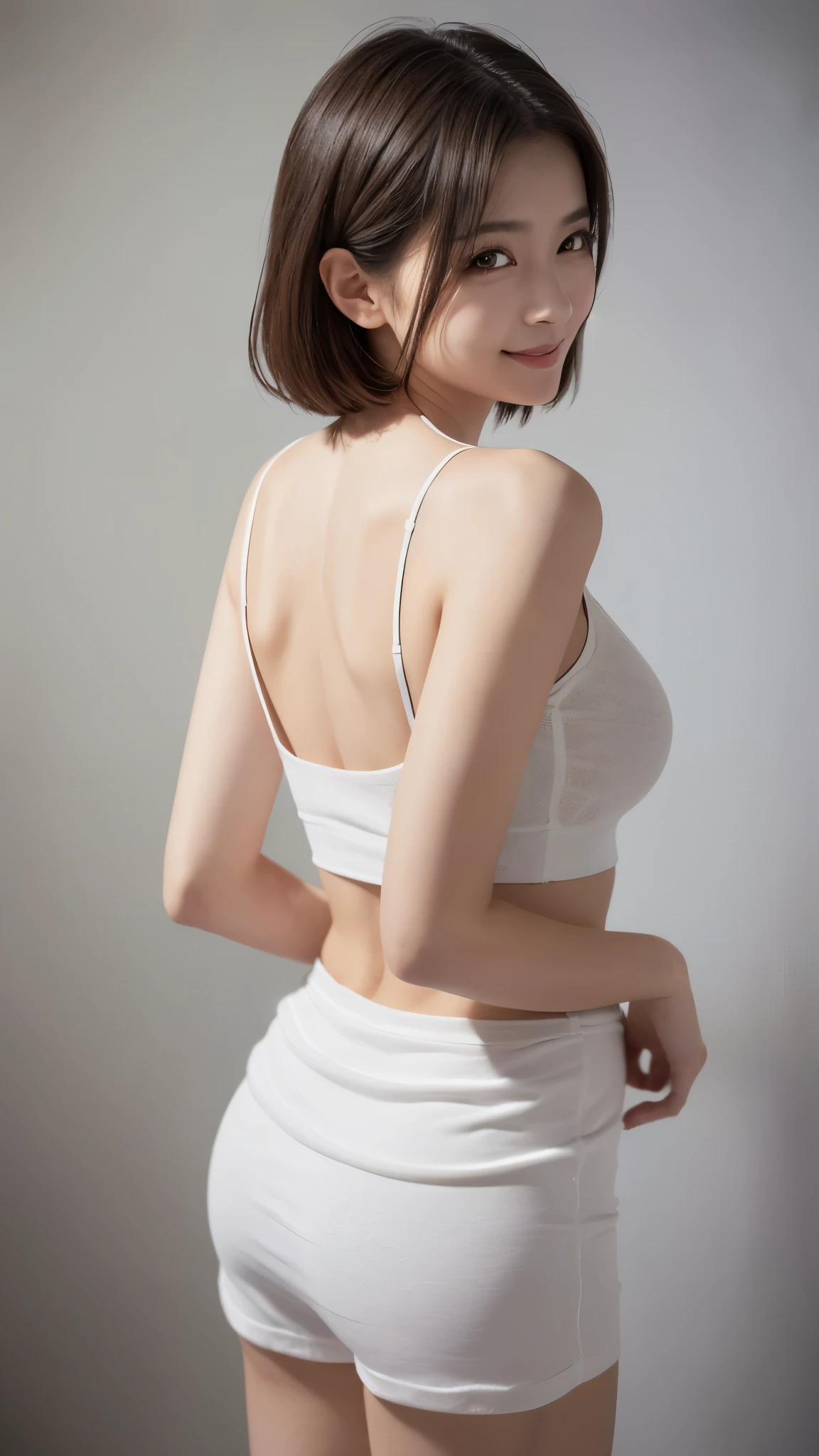 realistic, high resolution, 1 girl, , beautiful eyes, tight white top, white shorts, medium, lively, navel, delicate facial features, ((ass)) (()) ,large breasts,