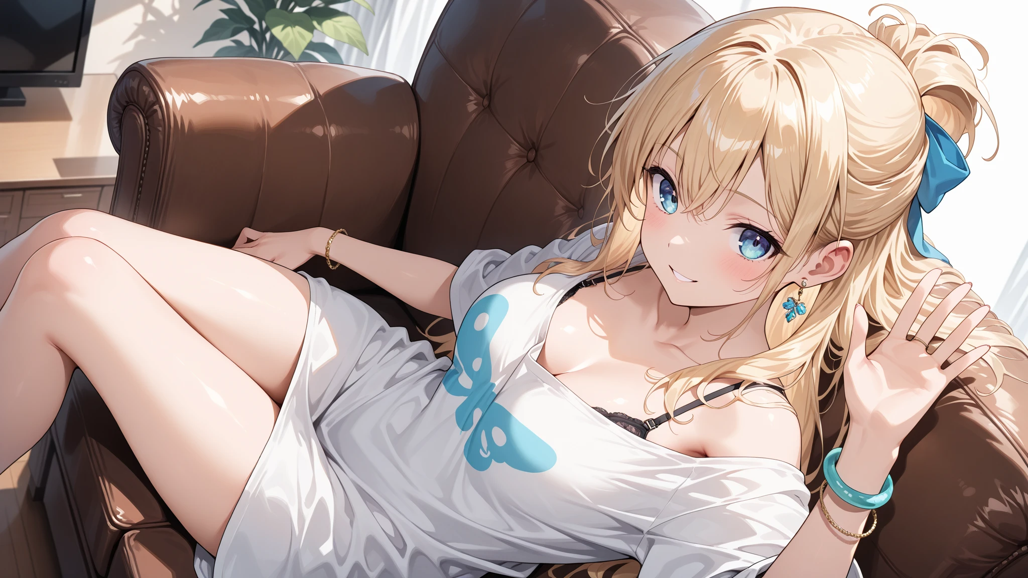 Anime girl lying on balcony with room，Wearing a white fur coat, seductive anime girls, small curvaceous loli, fluffy chest, Edgeie anime style, beautiful and seductive anime woman, Best Rated on pixiv, beautiful alluring anime teen, at pixiv, eechi, Anime goddess, attractive anime girls, loli in dress, Blonde anime girl with long hair