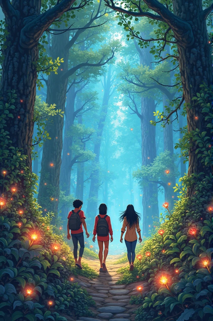 A group of agers running away from haunted banyan tree at night.