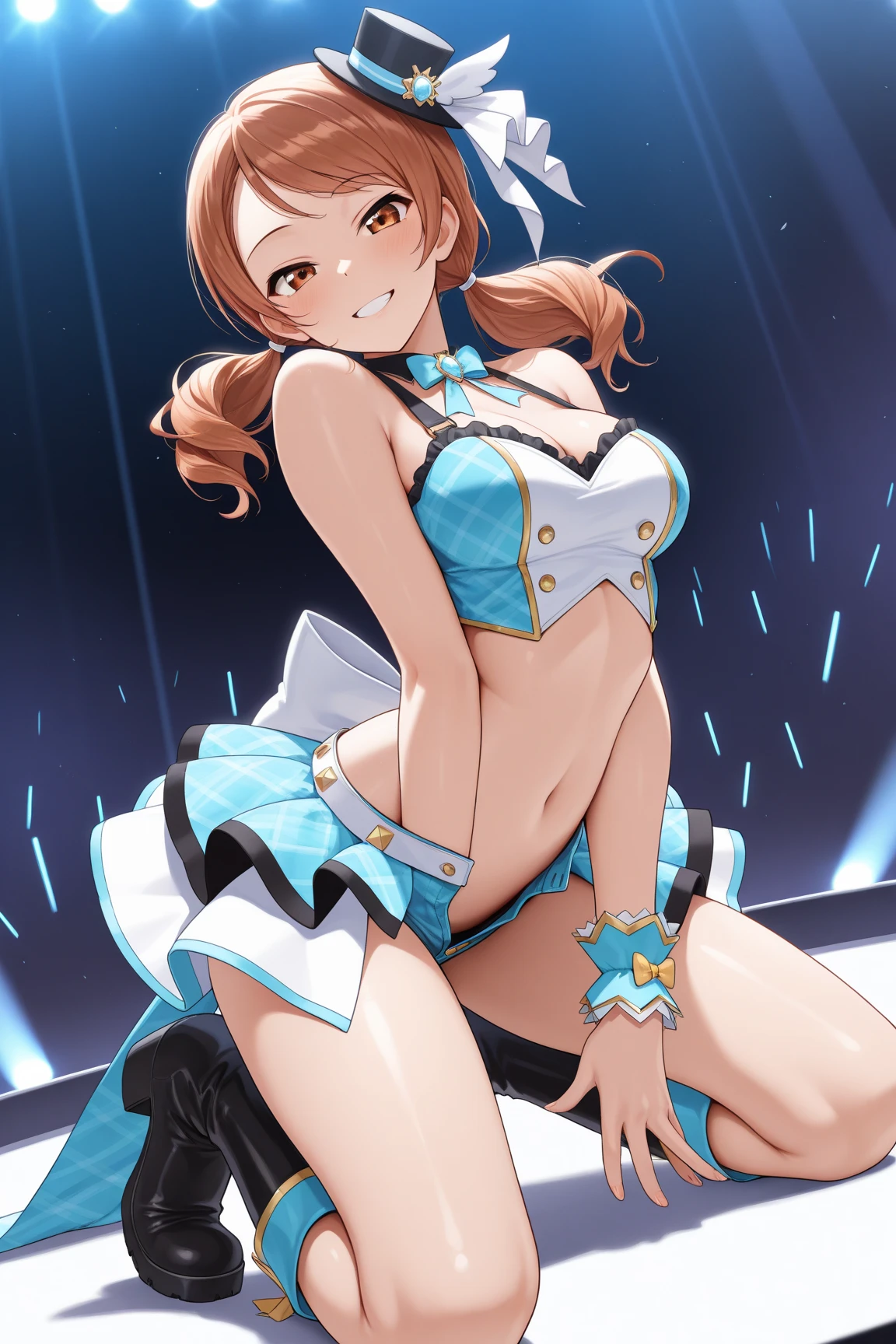 top-quality、Full limbs、complete fingers、One beautiful woman、Beautiful Large Breasts、poneyTail、Medium hair、Brown hair、Woman in light blue and white pattern figure skating dress、Flesh-colored pantyhose、A smile、Ice rink