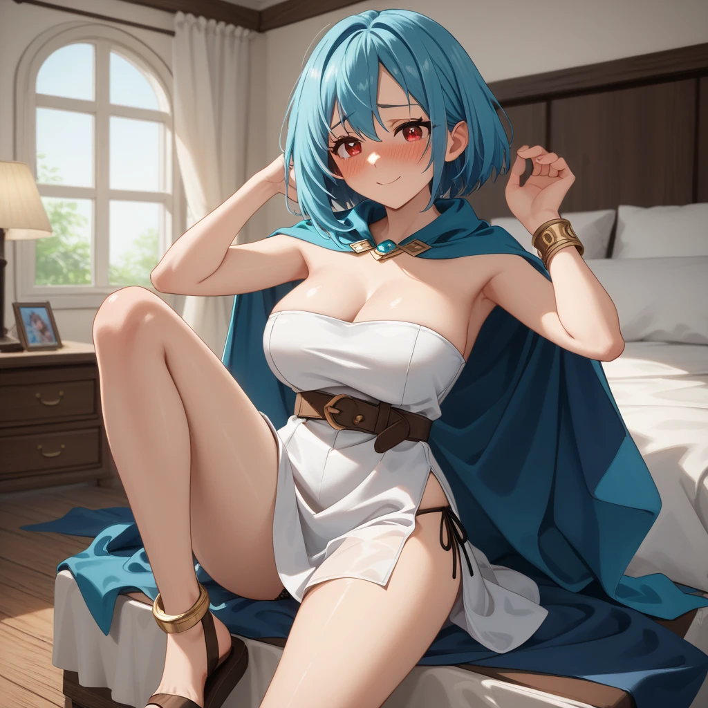 (masterpiece), best quality, expressive eyes, perfect face,Mature female,1 girl (ganyu,Genshin impact),(harem outfit,exposed midriff,topless),royal bedroom background,medium breasts,smile,topless,nipple,slim figure,
